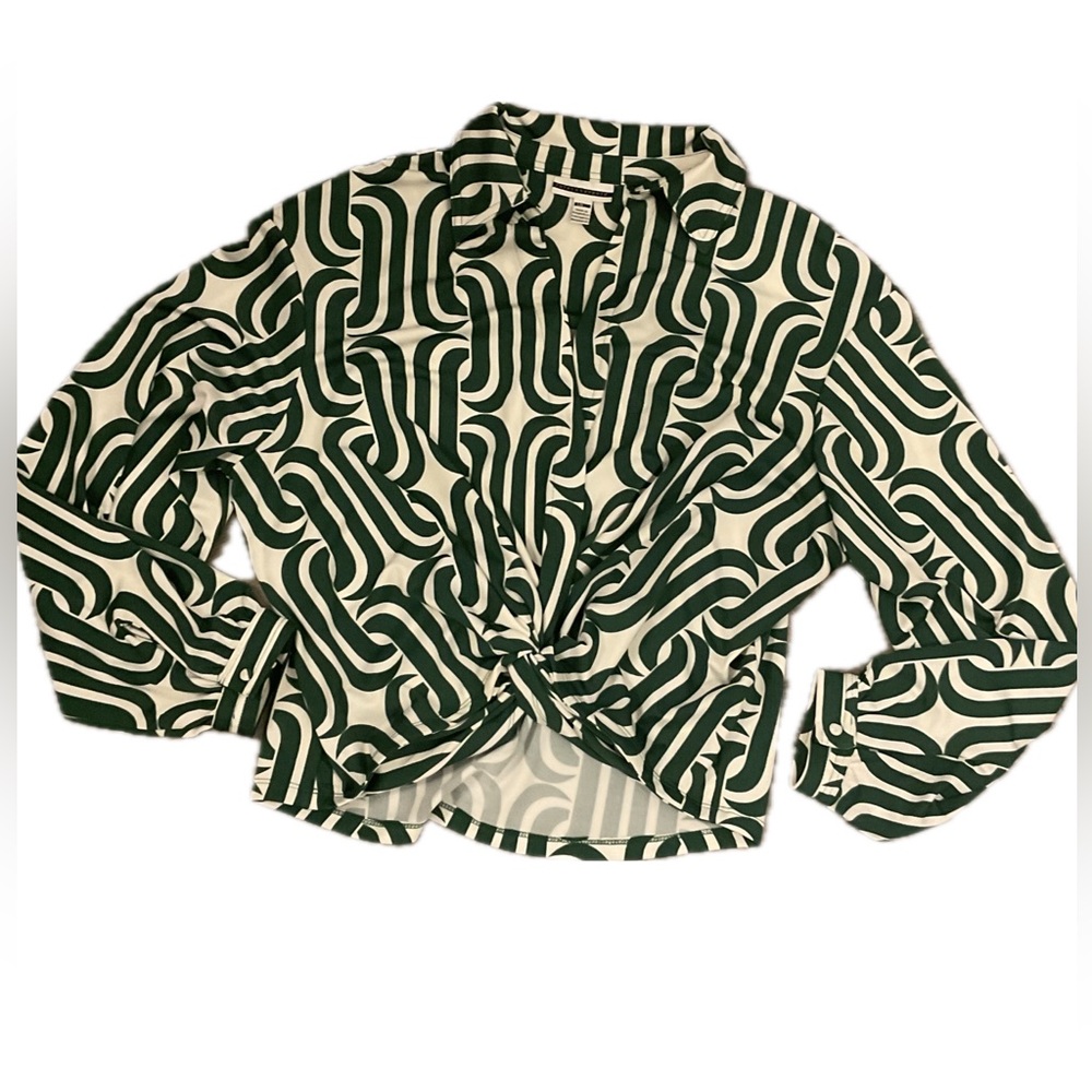 Jules & Leopold Collared Faux Wrap Knotted Emerald and Ivory Swirl Blouse